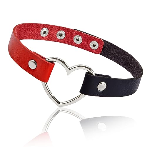 Zando Love Heart Leather Choker Necklace for Women Punk PU Gothic Jewelry Adjustable Chain Collar for Women Girls Party - One Size - Black & Red Choker