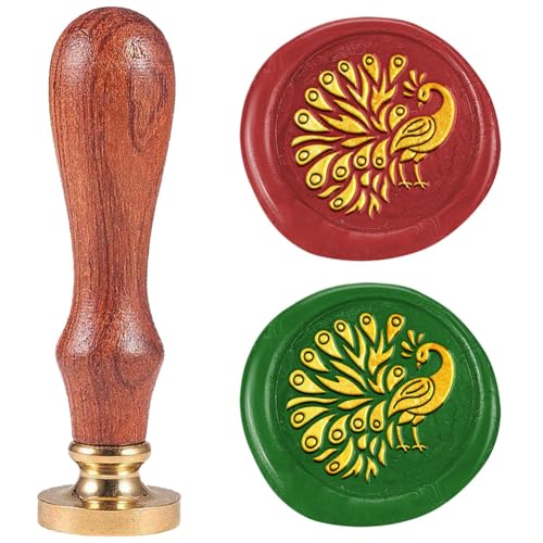 DELORIGIN Peacock Wax Seal Stamp Letter Sealing Wax Stamp Embossed Seal 1" Removable Brass Wax Seal Stamp Head with Wooden Handle for Invitation Gift Wine Package Decoration - Peacock