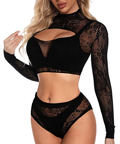Buitifo Womens Lingerie Set Fishnet BabyDoll Bodysuit Sexy Nightwear - Black N9 - One Size