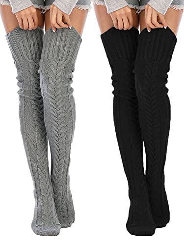 SherryDC Women's Cable Knit Thigh High Socks Winter Boot Stockings Extra Long Over Knee High Leg Warmers - One Size - 2 Pack(black+grey)