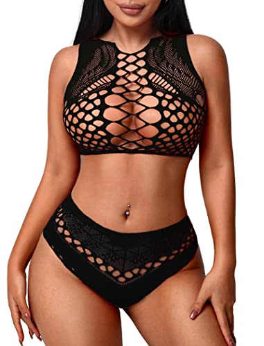 Avidlove Women's Fishnet Lingerie Sexy Mesh Body Stockings Lingerie - Sleeveless - One Size - Black