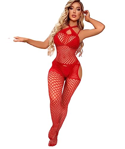MissDaisy-Women Fishnet Bodystocking Bodysuit Babydoll Lingerie High Elasticity Sleepwear Tight Nightwear Sexy Lingerie - Style C-red