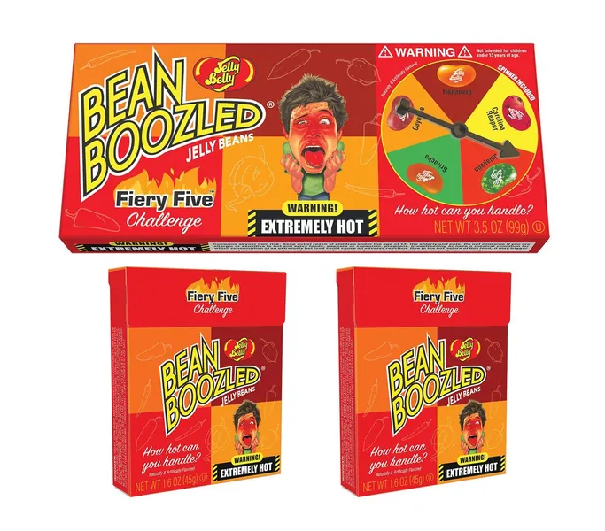Beanboozled Jelly Beans Fiery Five Challenge Spinner Gift Box 3.5 Oz. and Two Flip Top Refills 1.6 Oz Each (3 Pack) - 3 Piece Set