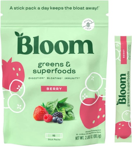 Bloom Nutrition Super Greens Powder Smoothie Mix, 15 Stick Packs - Probiotics for Digestive Health & Bloating Relief for Women, Digestive Enzymes with Organic Superfoods for Gut Health (Berry) - Berry