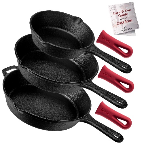Cast Iron Skillet Set - 8" + 10" + 12"-Inch Pre-Seasoned Frying Pans + Silicone Handle Grip Covers - Indoor/Outdoor, Oven, Grill, Stovetop, BBQ, Fire and Induction Safe Kitchen and Camping Cookware - 8"+10"+12" Skillets + 3 Holders Without Lid