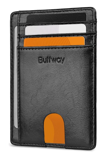 Buffway Slim Minimalist Front Pocket RFID Blocking Leather Wallets for Men Women - Leather Alaska Black
