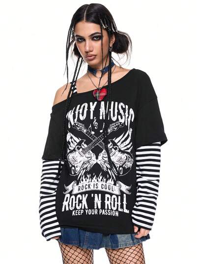 ROMWE Avant Damen Avant-Garde Punk Retro Muster und Streifen Patchwork Schulterfrei T-Shirt