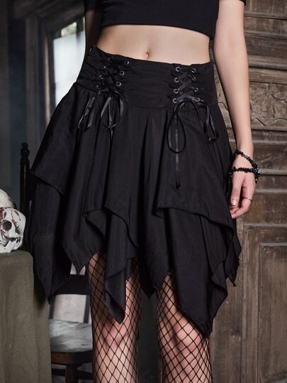 Goth Solid Lace Up Skirt
