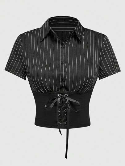 Fairycore Damen Hemd mit Streifenprint, Kragen mit Umlegekragen, Schnürung, Kurzarm, Knopfverschluss vorne, businessmäßiger Stil, für Sommer, Schule