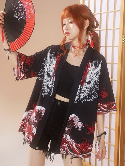 J-Fashion Kimono mit Welle & Mundschutz Muster, Drop Shoulder offener Front