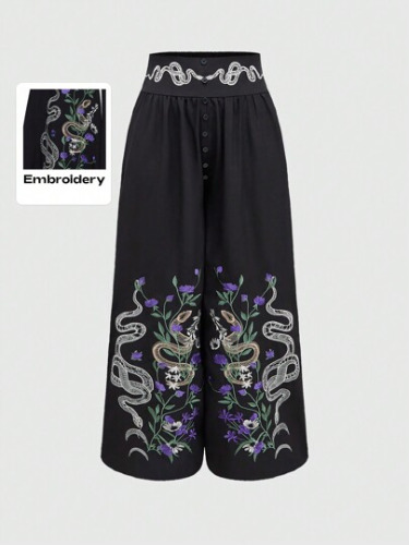 Hippie Damen Hose mit hohem Bund, weitem Bein, lockerer Passform und floraler sowie Schlangen Stickerei, für Lässig