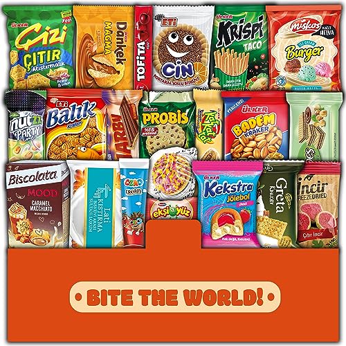 Maxi International Snack Box from around the World - Variety of Tasty Unique Foreign Munchies, Sweets and Candies - 21 Full-Size Pack including Exotic Treats in a Crate - Universal Edition