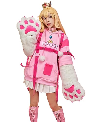 miccostumes Womens Cute Pullover Hoodie Kawaii Hooded Sweatshirt with Detachable Bag Design Furry Paw Gloves And Tail - X-Large - Pink