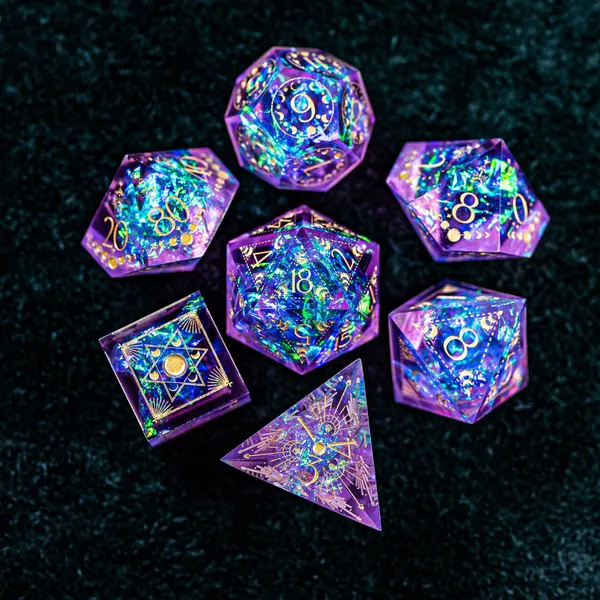 Full Set Handmade Resin Sharp Edge Dice - Purple Glitter Lunar Eclipse