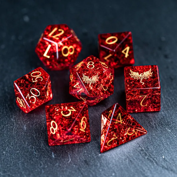Full Set Red Blast Glass DnD Dice Set - Engraved/Carving for Dungeons and Dragons, RPG Game DND MTG Game Dragon Style