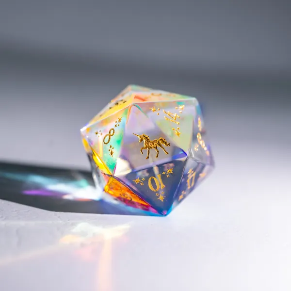 Full Set Dichroic Glass Engraved Dice - Unicorn Style Gold Inked