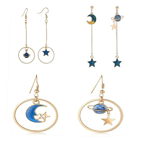 SUNSCSC Enamel Moon Star Earth Planet Drop Hook Earrings Long Pendant Dangle Jewelry for Woman - Earrings Set