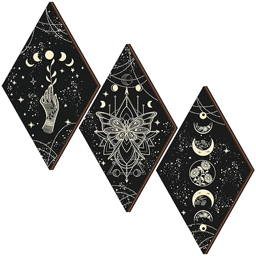 Ferraycle 3 Pcs Rustic Boho Wall Decor Moon Phases Butterfly Wall Art Stars Moon Decor Minimalist Room Decor Wooden Gothic Witchy Wall Pediments Hanging Sign for Home (Black, Gold, 6.7 x 11.8 Inch) - Black, Gold - 6.7 x 11.8 Inch