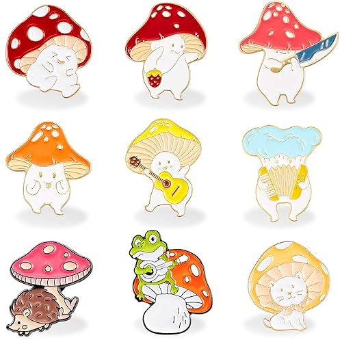 Chuangdi 9 Pieces Mushroom Pin Brooches Mushroom Brooches Cute Cartoon Mushroom Gift Alloy Brooch Guitar Cat Frog Hedgehog Cartoon Plant Pin Welcome Christmas Gift for Backpack Clothes Hat