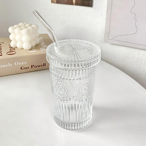 Sunflower Ridged Glass Cup with Straw - Bent Straw