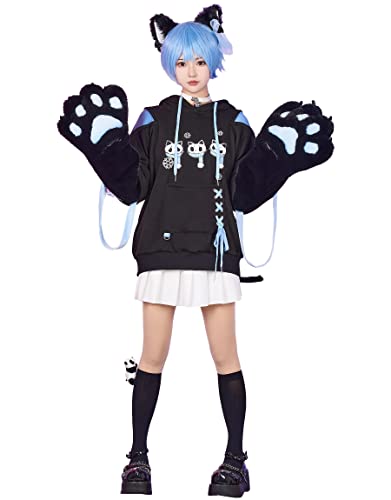 Micotaku Womens Pullover Hoodie with Detachable Bag Design Furry Cat Paw Gloves Skull Cat Pattern Sweatshirt - Large - Black