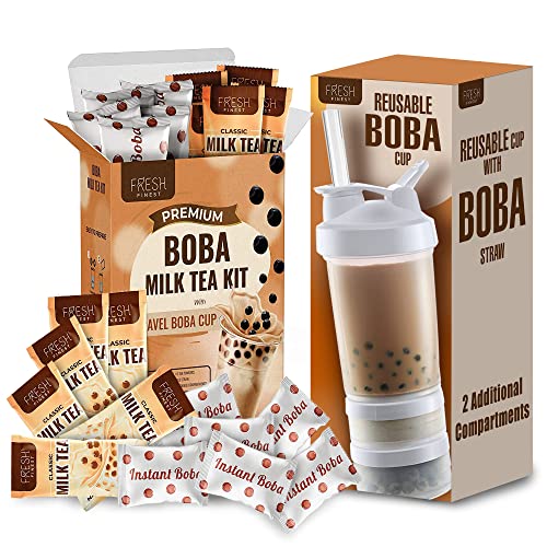 Fresh Finest Instant Boba Tea Kit with Tapioca Pearls + Reusable Boba Cup & Straw (6 Servings) Bubble Tea Kit - 6 Classic Milk Tea Packets & 6 Bubble Tea Pearls Packets - Ideal Gift For All Occasions