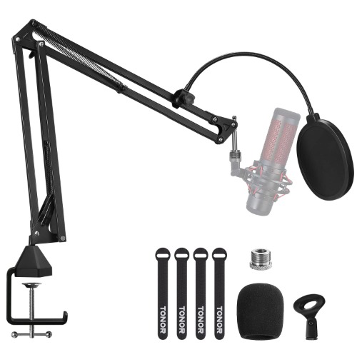Microphone Arm Stand, TONOR Adjustable Suspension Boom Scissor Mic Stand with Pop Filter, 3/8" to 5/8" Adapter, Mic Clip, Upgraded Heavy Duty Clamp for Hyperx Blue Yeti Rode Elgato etc. Mics (T20)
