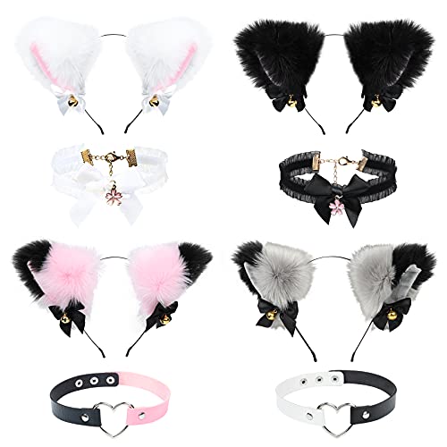 Pesonlook 4PCS Cat Ears Headband Cosplay Plush Furry Cat Ears with 4Pcs Love Heart and Cherry Choker Necklace Halloween Cosplay Costume Party Hair Accessories Headbands for Women - Style C