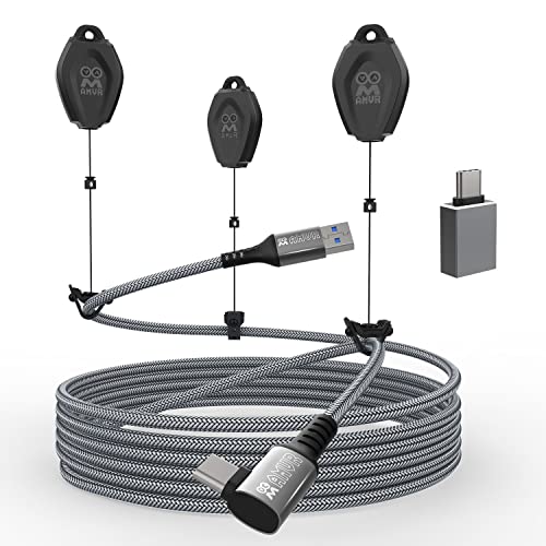 AMVR 20FT Link Cable and 3 Cord Managements Set for Oculus Quest 2 to PC, USB 3.0(Port C) to Type-C High Speed Data Transfer Wire - Pico 4/HTC Vive/Meta Quest VR Headset Charging Accessories - Gray Black