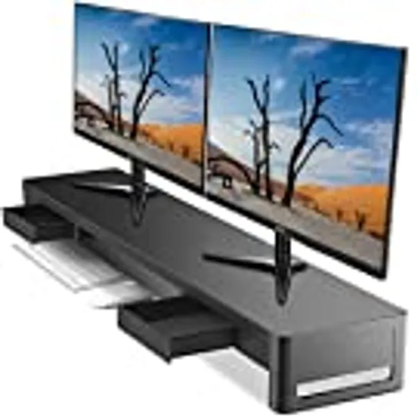 meatanty Dual Monitor Stand Riser with 2 Storage Drawers, Metal Computer Monitor Stand Monitor Shelf with Pull Out Drawer, Keyboard and Mouse Storage Desktop Organizer for PC,Laptop,iMac,TV,Printer