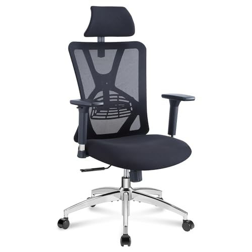 Ticova Ergonomic Office Chair - High Back Desk Chair with Adjustable Lumbar Support, Headrest & 3D Metal Armrest - 130° Rocking Mesh Computer Chair - 69*25*53CM