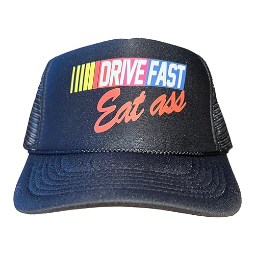 Drive Fast Eat Ass Hat Snapback Trucker Hat for Men or Women, Vintage Fit with Funny Novelty Graphic, Custom Mesh Hat Black, Black, Medium-X-Large