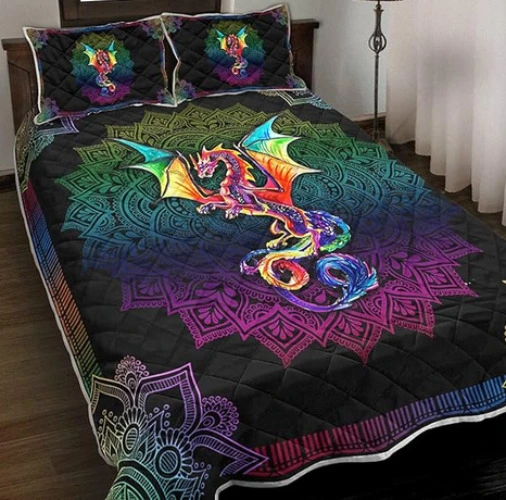 Loving Dragon Quilt - Colorful - Black Quilt All-Season Warm Quilt King Queen Size - Best Decorative Gifts for Mom Dad Daughter Son (King (100x90 inches)) - Colorful Mandala Dragon Queen (90x80 inches)