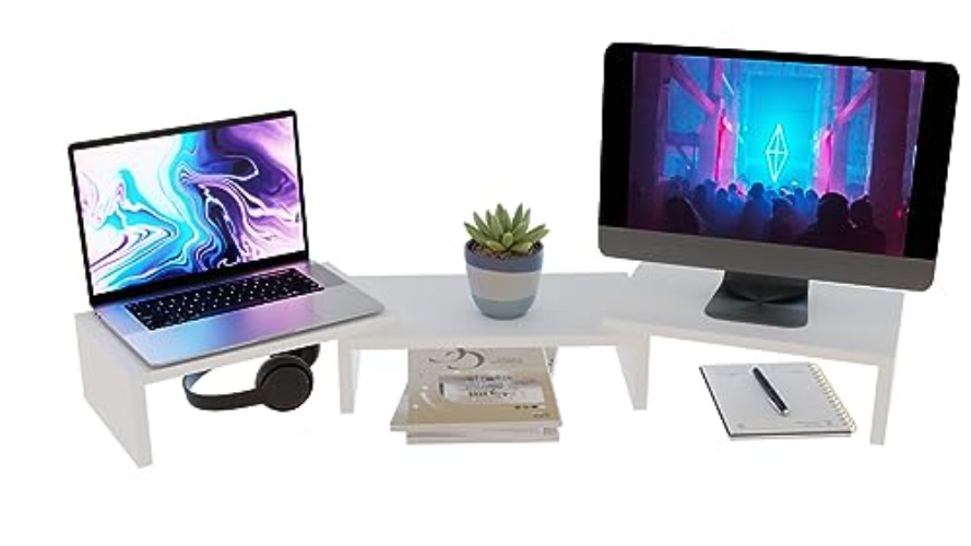 ComfortCove Dual Monitor Stand Riser, Monitor Stand, Desk Organizer, Laptop Stand, Computer Stand, 3 shelf Adjustable length, ideal for your Home Office, White - White