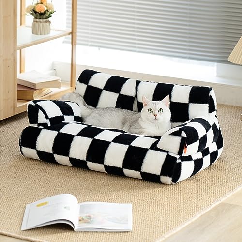 Pet Couch Bed, Washable Cat Beds for Medium Small Dogs & Cats up to 25 lbs, Dog Beds with Non-Slip Bottom, Fluffy Cat Couch, 26×19×13 Inch (Black&White) - Black&White