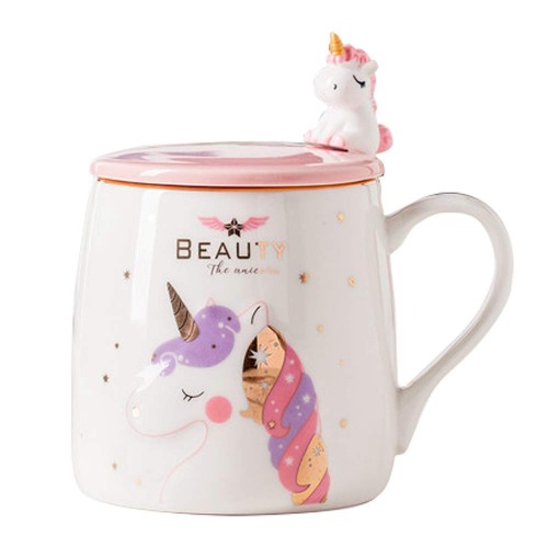 BigNoseDeer Unicorn mug with spoon, morning mug for coffee/tea/milk 380 ml (pink)
