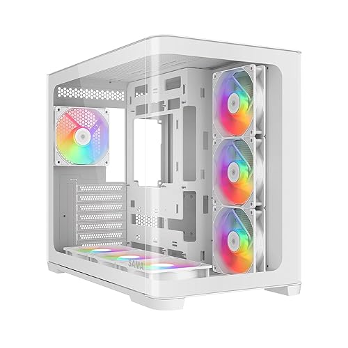 SAMA V60 Mid-Tower White PC Case, Curved Tempered Glass, 7 Pre-Installed ARGB PWM Fans and Fan Hub, USB Type-C, ATX/MATX/ITX Back-Connect Support, 360mm AIO Compatible, High Airflow Design - V60-White