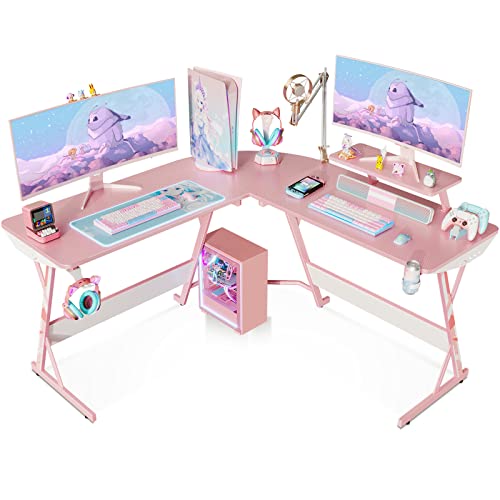 MOTPK Pink Gaming Desk L Shaped, 51 Inch Gamer Desk Gaming Table with Carbon Fiber Texture, Corner Computer Desk L Shape with Monitor Stand & Cup Holder & Headphone Hook, for Women & Girls Gift - 51 Inch - Pink