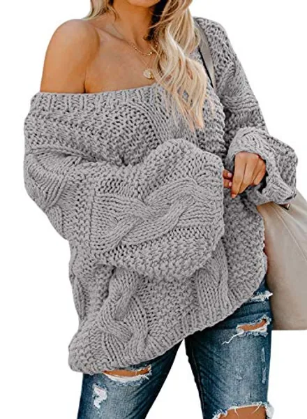 Astylish Women Sexy Long Sleeve Off Shoulder V-Neck Ribbed Cable Knit Pullover Sweater Oversized Loose Fitting Jumper Tops - Large - A Gray