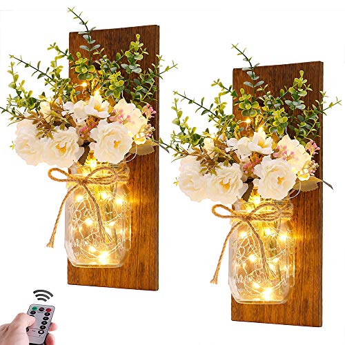 Rustic Wall Sconces Mason Jar Sconces Handmade Wall Art Hanging Design with Remote Control LED Fairy Lights and White Peony,Christmas Decor Gift Farmhouse Wall Home Decor Living Room Lights Set of Two - Peony+brown Board