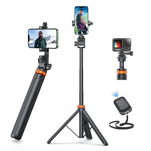 EUCOS Newest 62" Phone Tripod, Tripod for iPhone & Selfie Stick Tripod with Remote, Upgraded iPhone Tripod Stand & Travel Tripod, Solidest Cell Phone Tripod Compatible with iPhone 15/14/13/Android - Inferno Mix Carbon Black