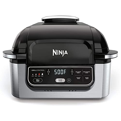 Ninja AG301 Foodi 5-in-1 Indoor Electric Grill with Air Fry, Roast, Bake & Dehydrate - Programmable, Black/Silver - Black/Silver - 4-Quart - Indoor Grill