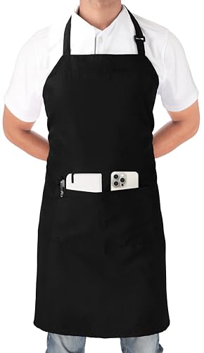 Utopia Kitchen 2 Pack Bib Apron, Adjustable with 2 Pockets, Water and Oil Resistant, Cooking Kitchen Chef Apron for Women Men - 2 Pack - Black