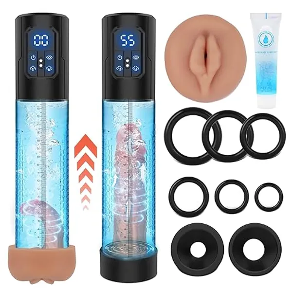 Electric Penis Pump, Adult Sex Toys Dick Enlarger for Men Erection, Air Water Extender with 4 Training Pressure and 3 Suction Modes, Automatic Male Masturbator with Penis Rings and Mini Pocket Pussy - Black and Clear
