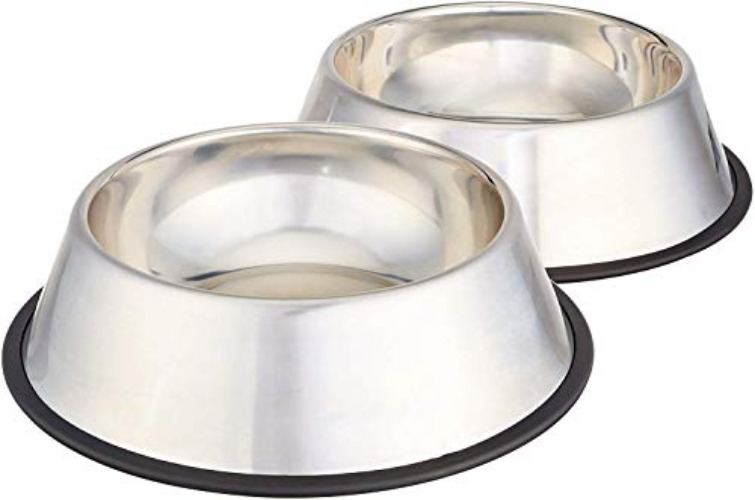 Amazon Basics Stainless Steel Non-Skid Pet Dog Water And Food Bowl, 2-Pack (10 x 2.8 Inches), Each Holds Up to 4 Cups - Stainless Steel - 2-Pack