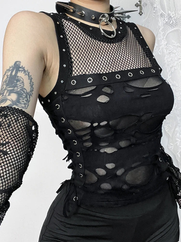 Black Gothic Mesh Vest Lace Up Top - Black / L