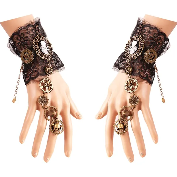 Daimay Bronzing Fingerless Gloves Gothic Floral Lace Steampunk Wristband Ring Vintage Beaded Gloves Bridal Bracelet Ring Set - 1 Pair – Pirate Style - 