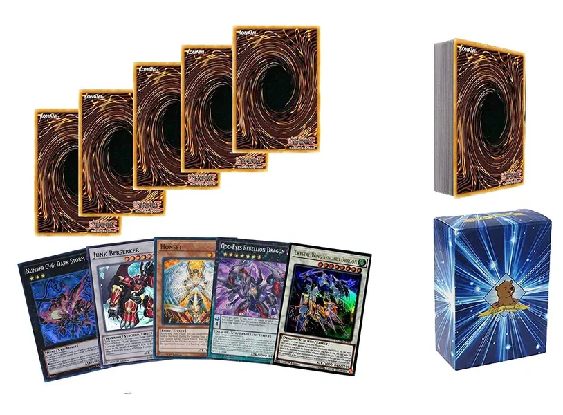 Yugioh 50 Repack Bundle Lot - 5 Holo Rares - Yugioh Cards TCG Deck Box - Includes Golden Groundhog Treasure Chest Storage Box - 