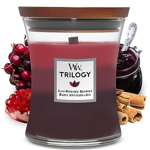 Große WoodWick Trilogy-Duftkerze im Sanduhrglas mit knisterndem Docht, Sun Ripened Berries, bis zu 130 Stunden Brenndauer,Medium Hourglass - Mittelgroßes Sanduhrglas - Sun Ripened Berries