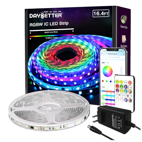 DAYBETTER RGBW IC LED Strip Lights, Smart RGB+6500K White 4 Color in 1 LED Lights with Built-in IC Chip, High Density（60 leds per 3.2ft/1M） Dream Color LED Strip for Bedroom, Easter Decor, 16.4ft, 24V - RGBWIC-16.4FT